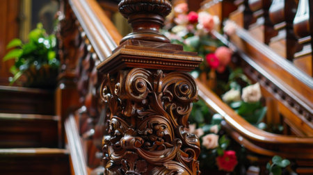 Intricately carved wooden staircase newel post with floral arrangementの素材