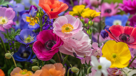Colorful anemones blooming in a spring gardenの素材