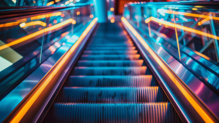 Empty escalator bathed in vibrant neon lightsの素材