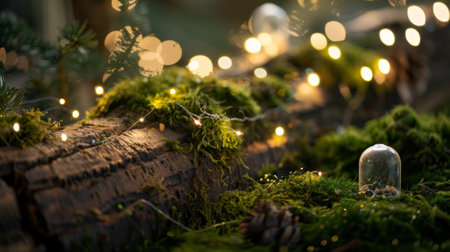 Christmas lights illuminating moss covered log with terrariumの素材