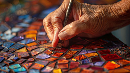 Artist applying grout on colorful mosaic artworkの素材
