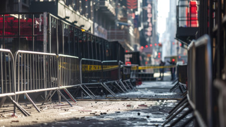 Metal crowd control barriers lining sidewalk in new york cityの素材