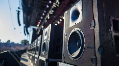 Professional audio speakers pointing at crowd at outdoor music festivalの素材