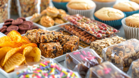 Delicious sweet and salty snacks being sold at market stallの素材