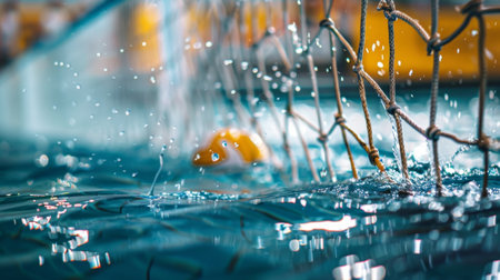 Water polo ball touching goal net after scoring pointの素材