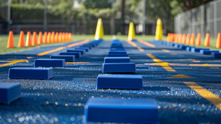 Blue agility hurdles set up for speed and agility training on fieldの素材