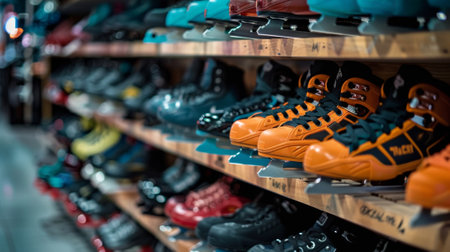 Rows of ice skates on display in sporting goods storeの素材