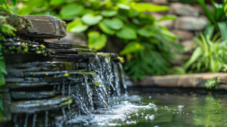 Water cascading down stone fountain in lush garden settingの素材