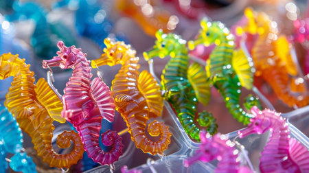 Colorful resin seahorse figures standing on display for saleの素材