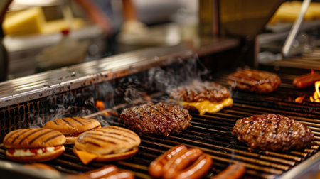 Delicious beef patties and hot dogs being grilled on a restaurant grillの素材