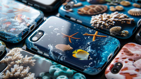 Variety of smartphone cases showing aquatic nature imagesの素材