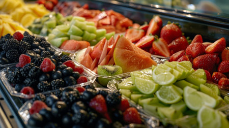 Freshly cut fruit displayed in plastic containersの素材