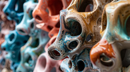 Colorful ceramic art pieces hanging showing abstract shapesの素材