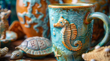 Turquoise ceramic mug featuring seahorse surrounded by marine life figurinesの素材