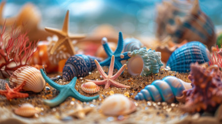 Seashells and starfish resting on sand with ocean backgroundの素材