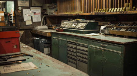 Old fashioned cash register sitting on worn countertop in pawn shopの素材