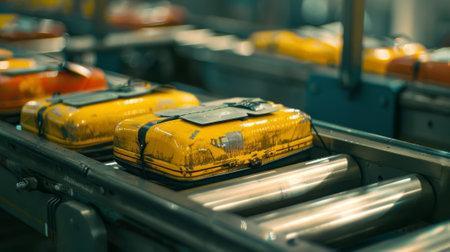 Yellow suitcases are moving on conveyor belt in airportの素材
