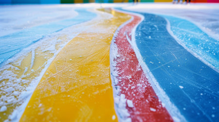 Colorful ice skating rink surface showing skate marks and snowの素材