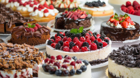 Delicious cakes decorated with berries sitting on tableの素材