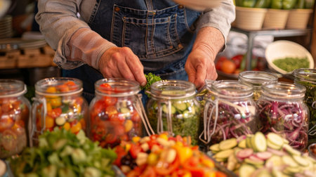 Chef preparing ingredients placing parsley in glass jar for salad buffetの素材