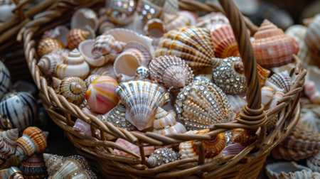 Wicker basket overflowing with beautiful seashellsの素材
