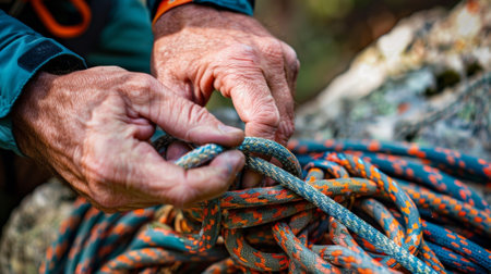 Climber tying knot in climbing rope for safetyの素材