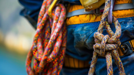 Climber wearing harness with rope preparing for outdoor activityの素材