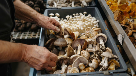 Farmer sorting freshly harvested organic mushroomsの素材