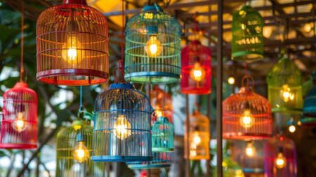 Decorative birdcages hanging and illuminating outdoor spaceの素材