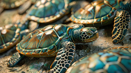Group of beautiful sea turtles resting on sandの素材