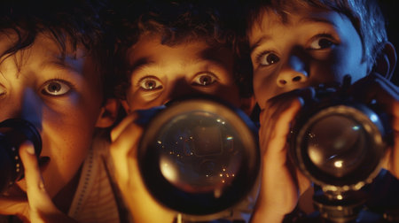 Three young boys holding cameras with wide open eyes at nightの素材