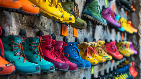 Rows of colorful hiking boots hanging on a wall displayの素材