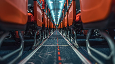 Walking through aisle between empty seats in airplaneの素材