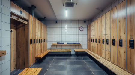 Empty modern locker room with wooden lockers benches and towelsの素材