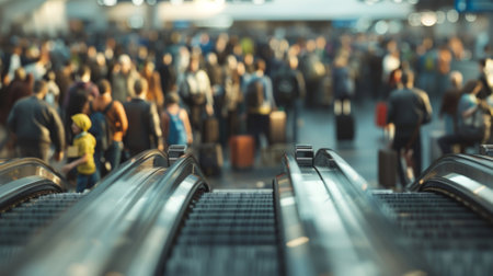 Empty escalator leading to crowded airport terminalの素材