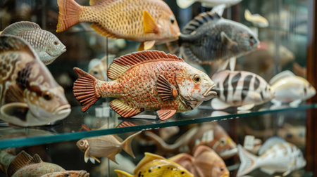 Collection of ceramic fish figurines displayed on glass shelvesの素材