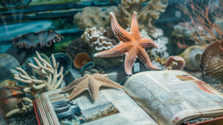 Starfish laying on open book surrounded by seashellsの素材