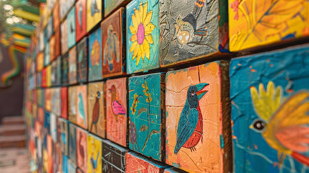 Colorful wall mural depicting birds and flowers in vibrant colorsの素材