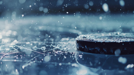 Black hockey puck resting on ice after intense matchの素材