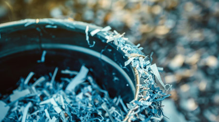 Shredded documents spilling from paper shredder waste container with blurred backgroundの素材