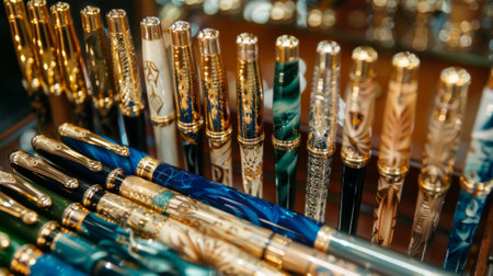 Luxury fountain pens with gold nibs being displayed in shop windowの素材