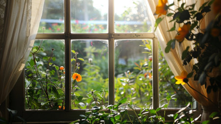 Sunlight streaming through a window illuminating houseplants and flowersの素材