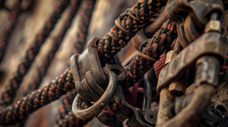 Closeup of strong braided ropes hanging on metal detailの素材