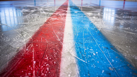 Red white and blue lines mark the ice on a hockey rinkの素材