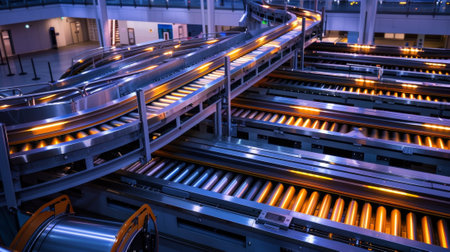 Empty conveyor belts winding through distribution centerの素材