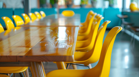 A long communal table with vibrant yellow chairs perfect for group gatheringsの素材