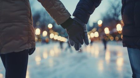 A couple holding hands and skating handinhand enjoying a romantic date night on the iceの素材