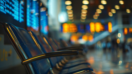 A row of comfortable chairs with a view of the departure boardの素材