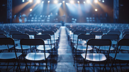 The stage area brightly lit with spotlights and surrounded by rows of folding chairs for an upcoming product launch presentationの素材