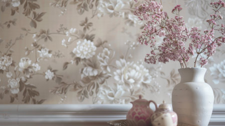 The elegant wallpaper in the dining room features delicate floral patterns adding a touch of femininity to the spaceの素材